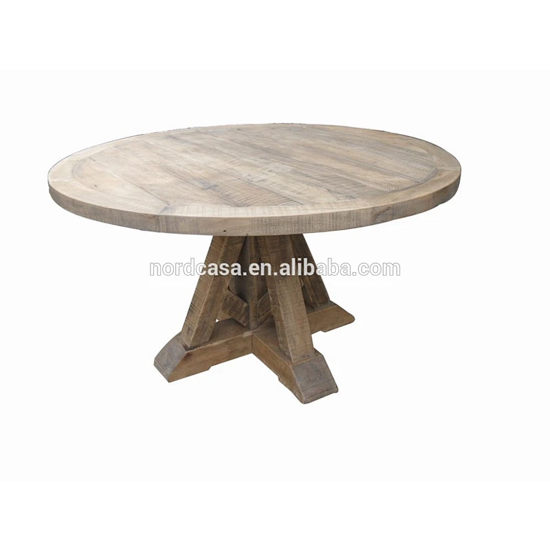 Antique industrial reclaimed wood bleached round dining table