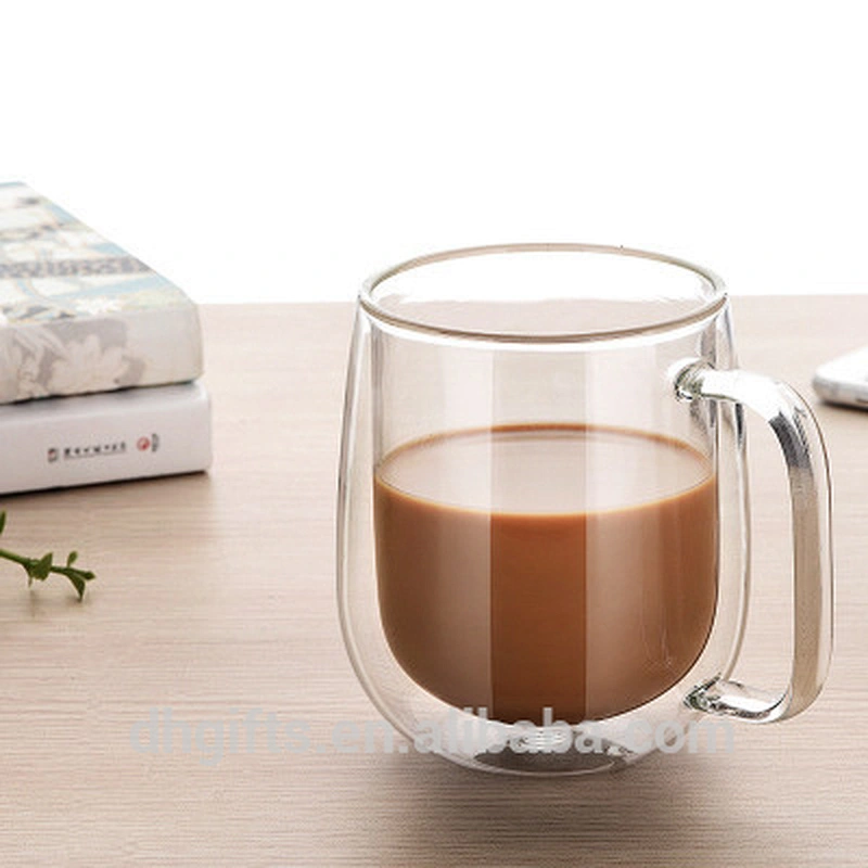 Hot selling promotional gifts 250ML double wall  glass coffee mugs with handle