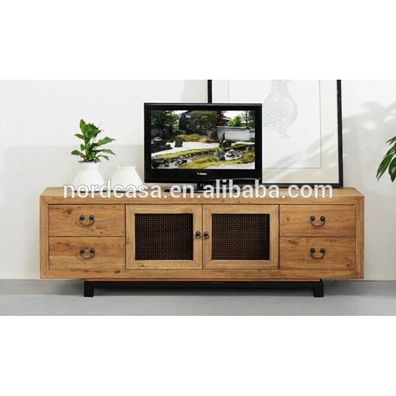 French Style Antique recycled wood TV cabinet with iron wheel
