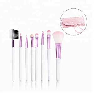 Custom Logo Wood Handle Synthetic Hair Pink 8pcs Cosmetic Comb Makeup Brush Set With Leather Bag