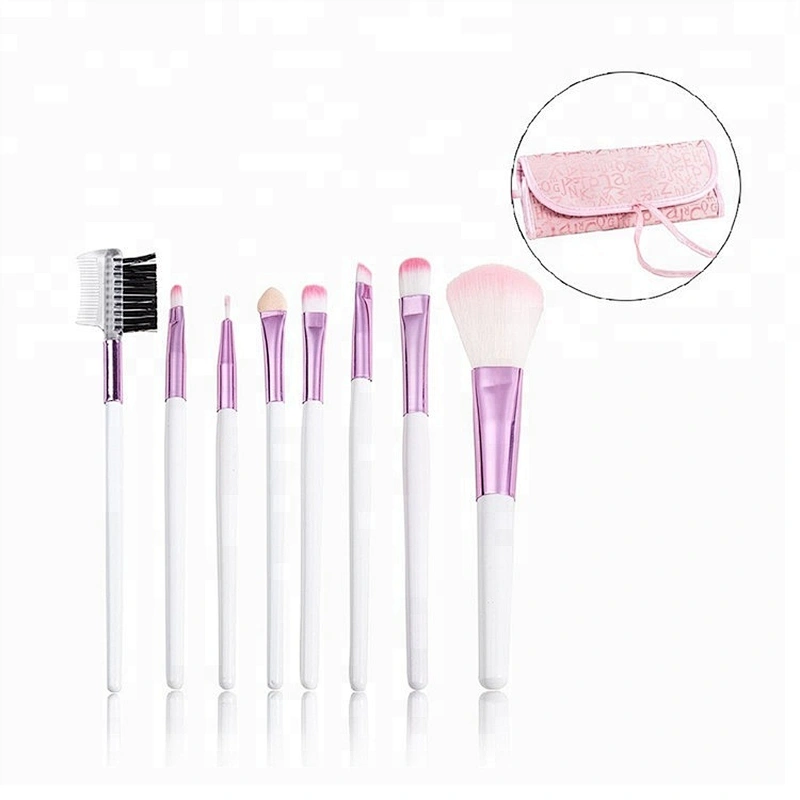 Custom Logo Wood Handle Synthetic Hair Pink 8pcs Cosmetic Comb Makeup Brush Set With Leather Bag