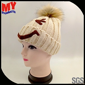 Manufacture adult kids warm winter hat custom knitted beanie hat with top fur ball