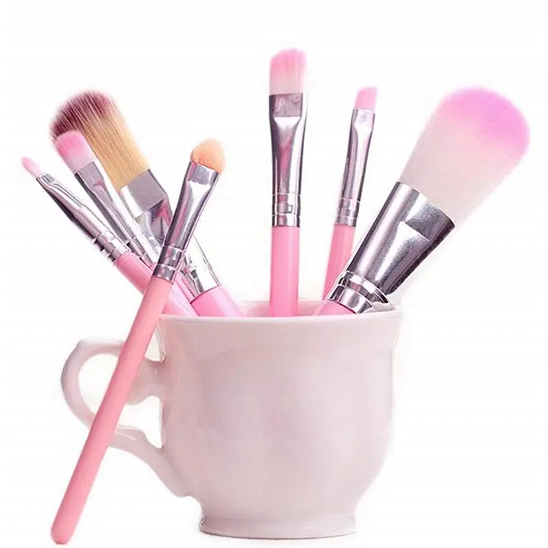 Beauty tools private label makeup brush kit 7pcs travel pink makeup brush set with metal case
