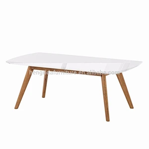 Scandinavian long rectangle solid wood oak coffee table with white MDF top
