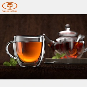 Guangzhou manufactory double wall high borosilicate glass mug tea pot with handle for teaware