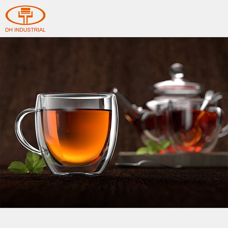 Guangzhou manufactory double wall high borosilicate glass mug tea pot with handle for teaware