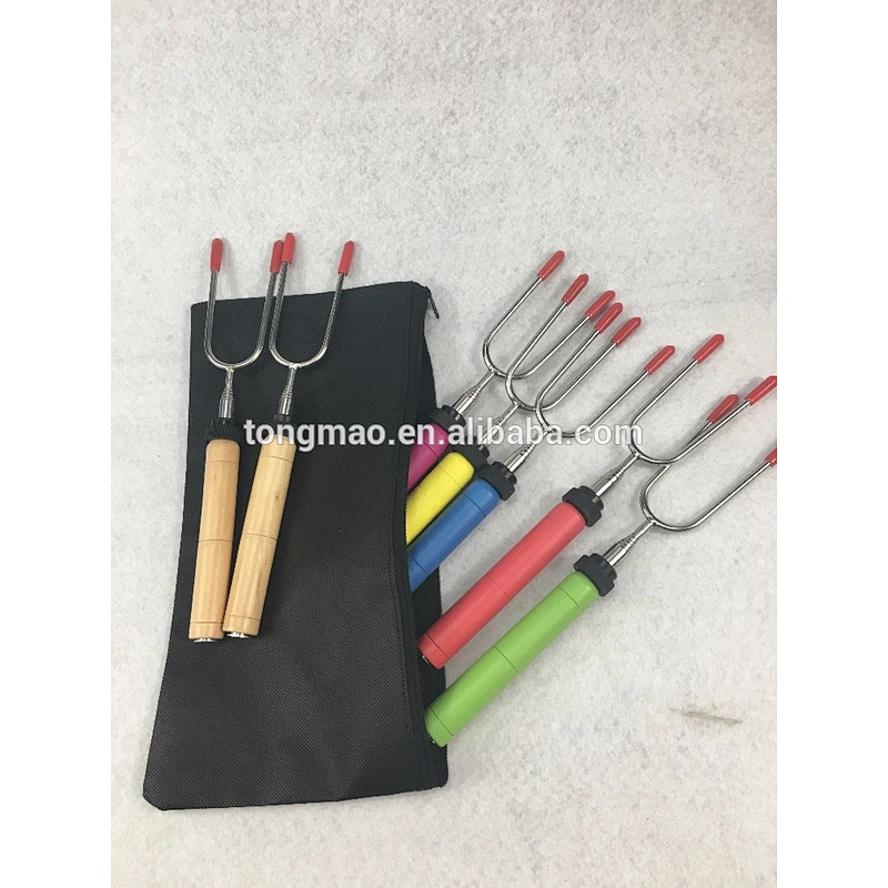 34 inch wooden Multi colored handle telescoping BBQ GRILL fork