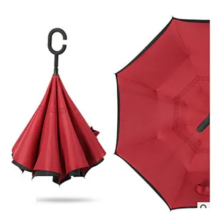 Reverse Folding Double Layer Inverted Umbrella And Self Standing Inside Out Rain Protection Umbrella With C Handle