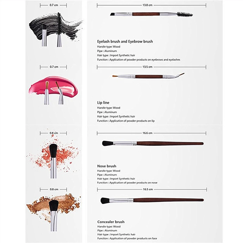 Wood Handle 10pcs Makeup Brush Set Double Ended Lip Brush Eyebrow Brush