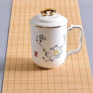 Traditional chinese flower pattern bone china porcelain cup with cover for tea