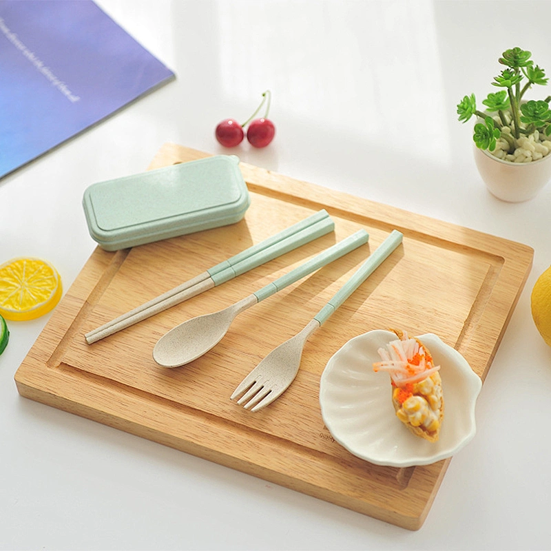 New Style in Stock Restaurant Goods Wheat Straw 3-Piece Spoon Chopsticks Fork Utensil Set Portable Camping Tableware Set