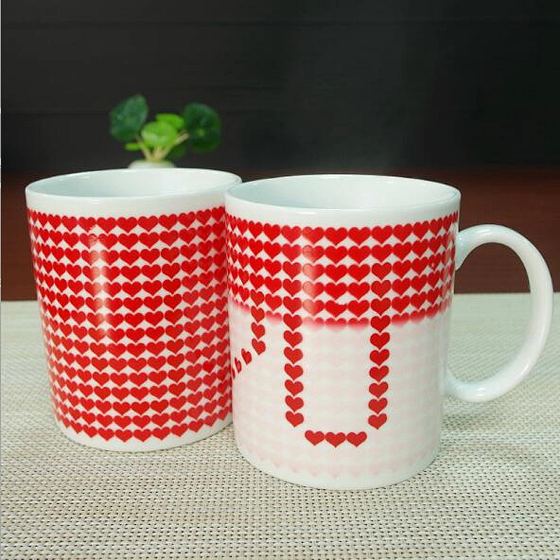Romantic style red heart pattern color-changing mug ceramic cup for gift