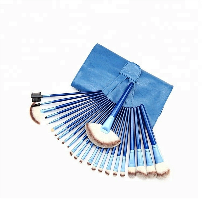 Wood Handle Synthetic Hair Blue 24pcs Cosmetic Makeup Brush Set With Roller Makeup Bag