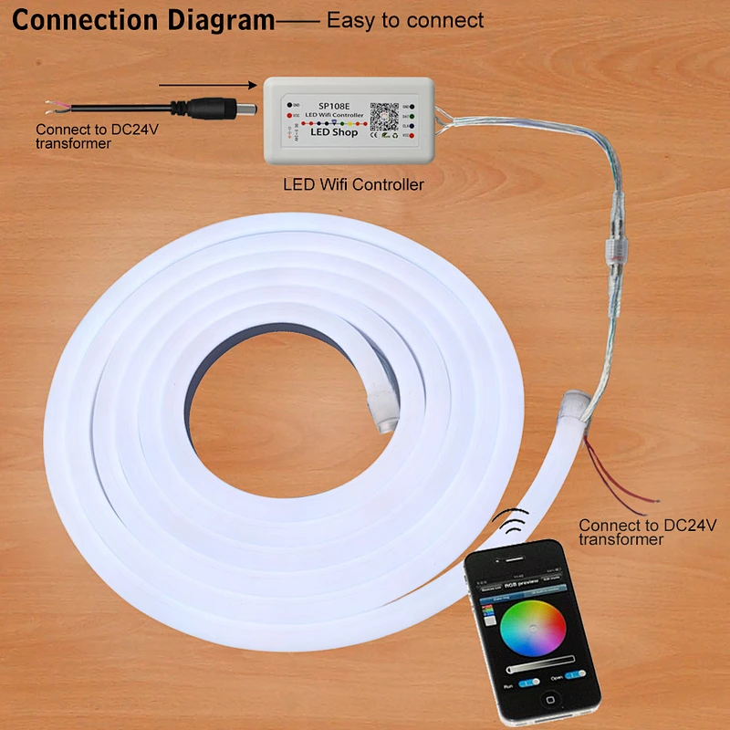 HOTOOK LED Neon 10m DC24V Rope Multi Color Waterproof  Flexible RGB LED Neon Strip Rope With Wifi LED  Strip Controller
