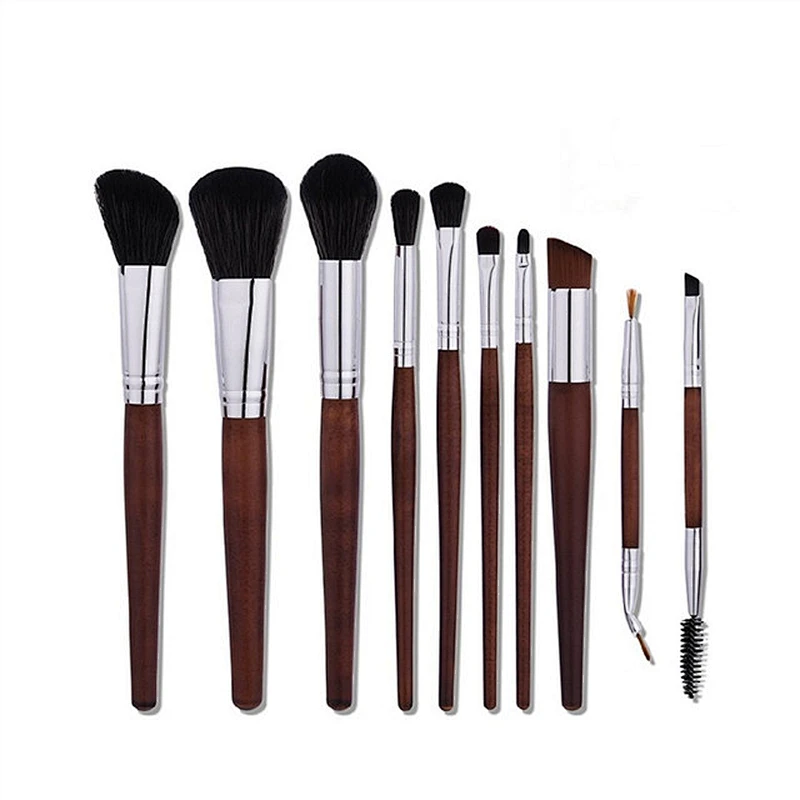 Wood Handle 10pcs Makeup Brush Set Double Ended Lip Brush Eyebrow Brush