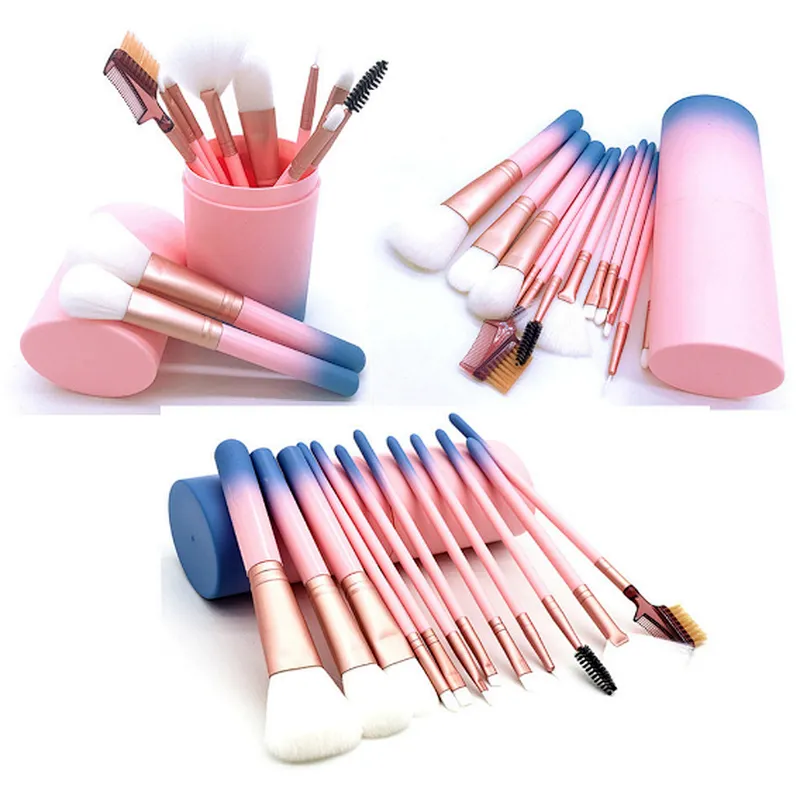 portable Professional Brushes Set nylon Brush 12 Pieces Makeup Brushes with gradual discoloration Barrel
