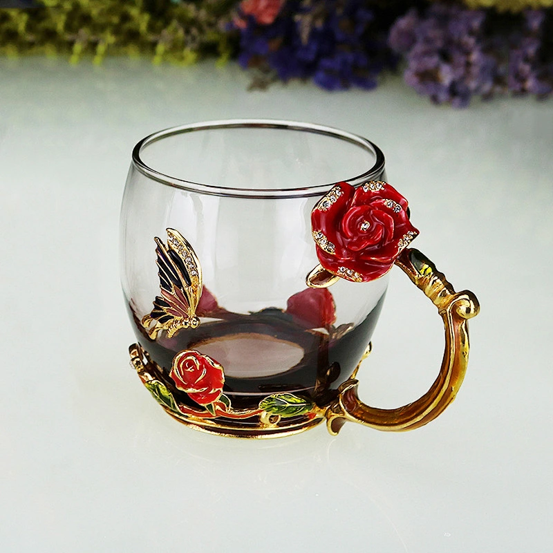2019 New Enamel Crystal Glass Mug China Enamel Floral Design Glass Coffee Cup Luxury Custom logo Glass Tea Cup