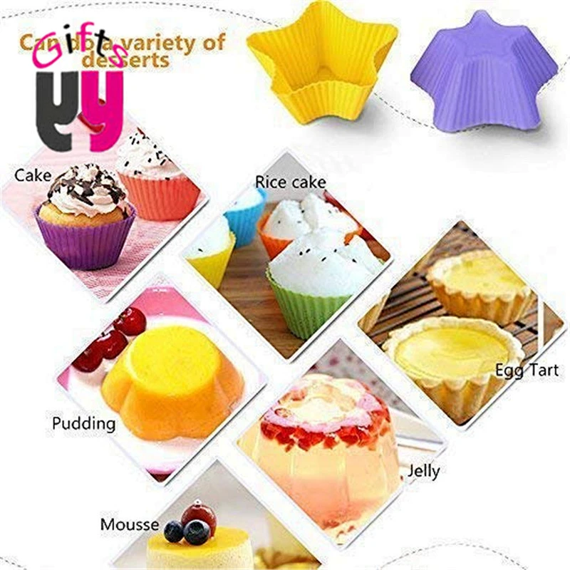 Silicone Cupcake Liners silicone Baking Cups Nonstick Easy Clean Pastry Muffin Molds 4 Shapes Round, Stars, Heart, Flowers