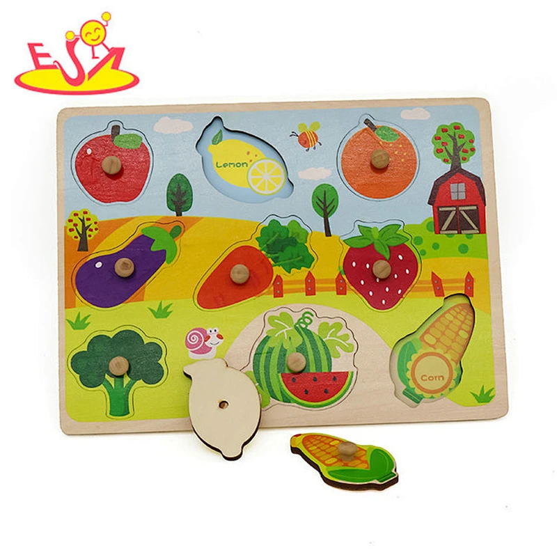 2019 New design baby preschool wooden fruit puzzle game with pegs W14M154