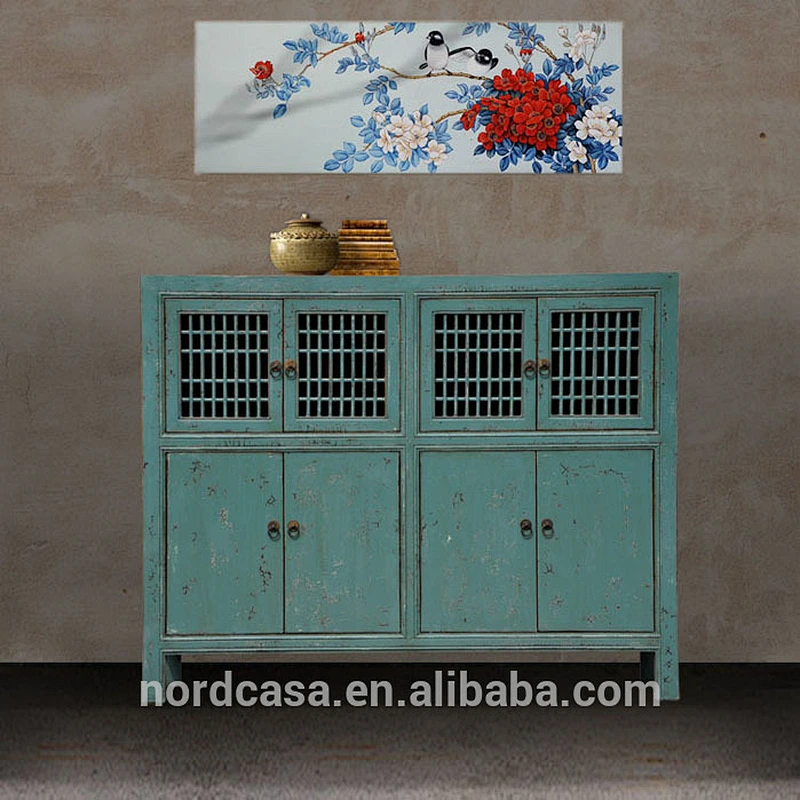 chinese antique style blue color reclaimed elm wood kitchen cabinet