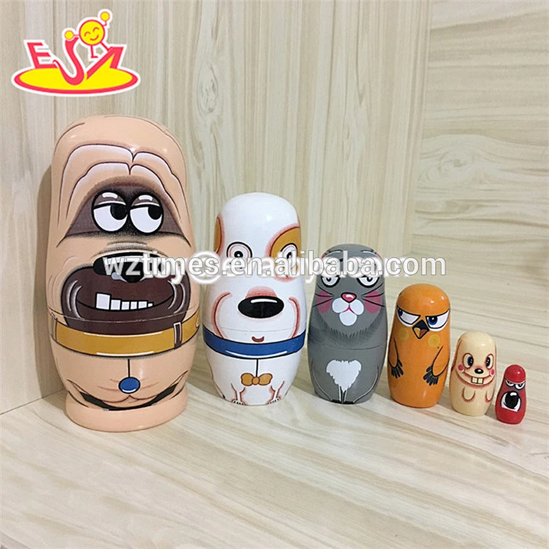 2018 Wholesale hot sales animals design toys 5 pcs handmade wooden russian doll for children W06D101