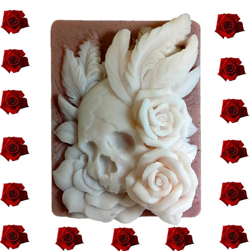Skeleton Head with rose Soap Silicone mold Halloween scull head Aroma Stone silicone Molds