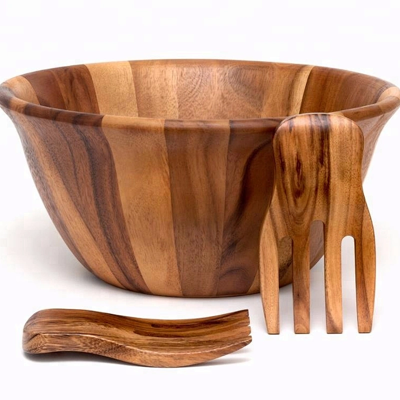 Acacia Flair Rim Bowl with Salad Hands, 3-Piece Se