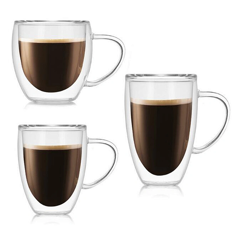 China Supply Promotional Glass Water Cup High Borosilicate Transparent Double Wall Mugs Coffee Cup for Office with Handle 450 ml