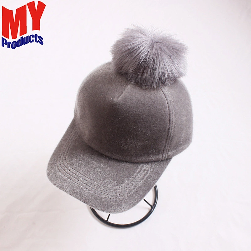 Ladies suede leather embroidery designs fur ball pom pom cap