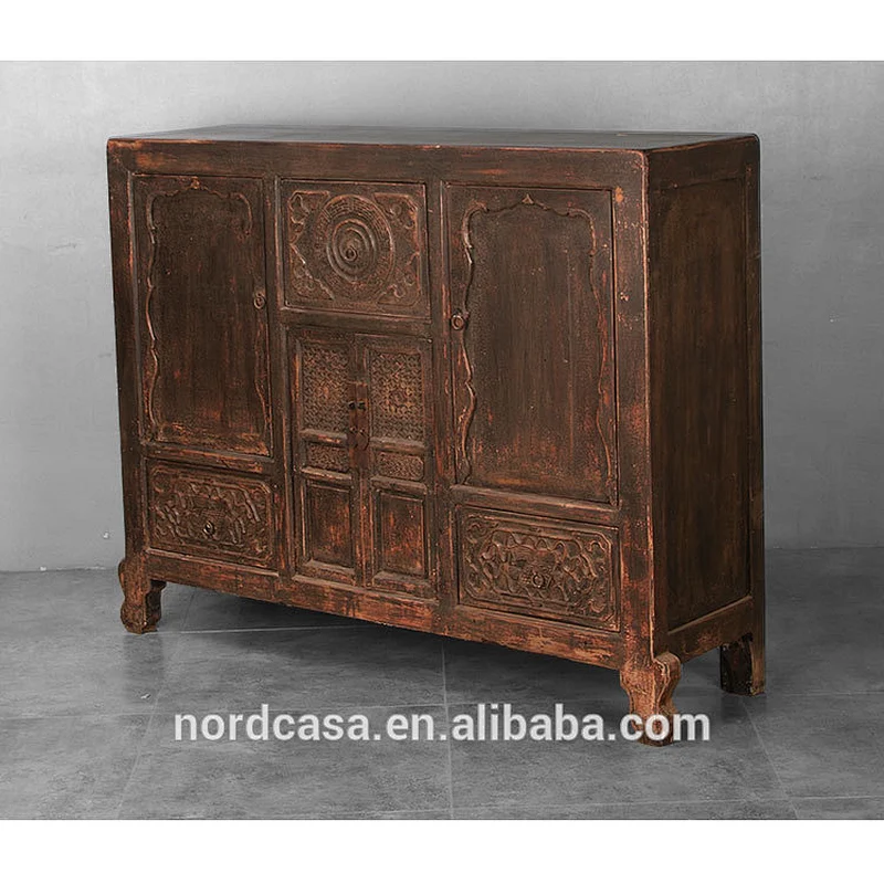Chinese Antique style sideboard cabinet distressed finish solid recycle wood furniture