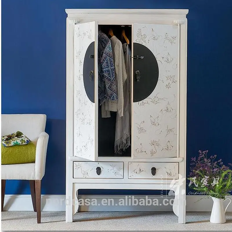 Antique chinese design wooden hand painting two door bedroom wardrobe