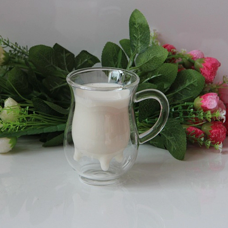 Customized double wall cow shaped glass cup 250ml for tea milk coffee
