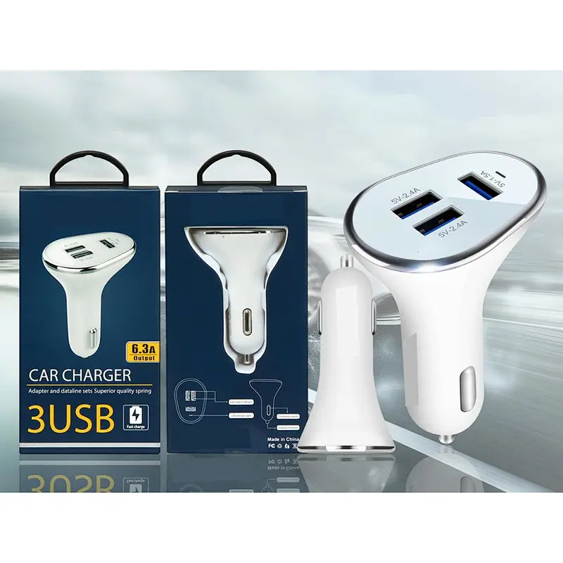 Wholesale Black White Metal Portable Mobile Phone 3 USB Port Car Charger