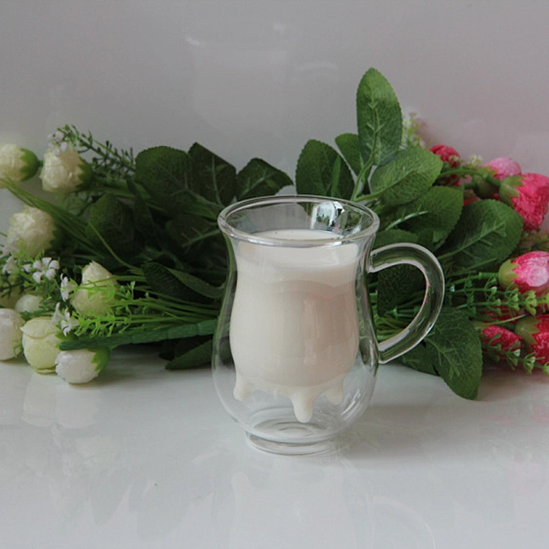 Customized double wall cow shaped glass cup 250ml for tea milk coffee
