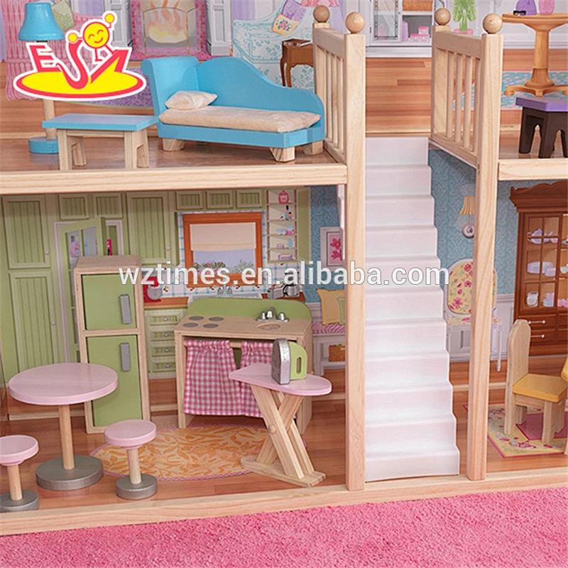 Wholesale beautiful baby wooden dollhouse toy 34 furniture pieces baby wooden doll house toy W06A217