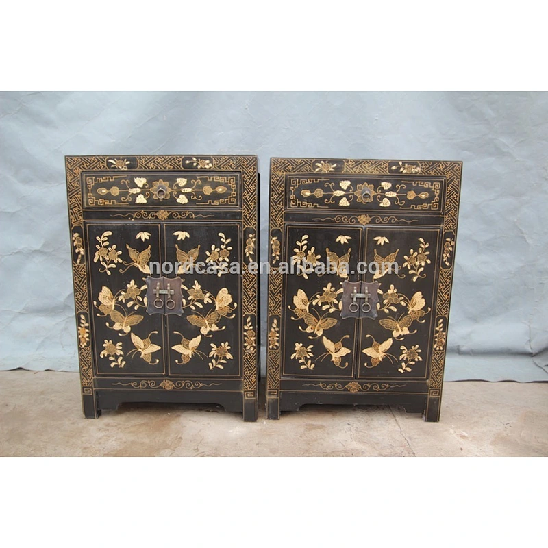 Chinese Antique furniture golden butterfly bedside chinese antique black cabinet