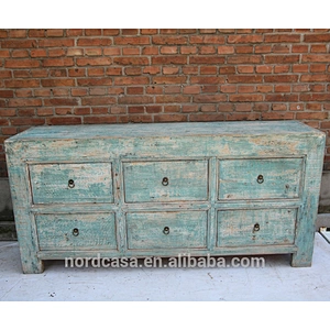 chinese antique reclaimed wood 6 drawers blue sideboard