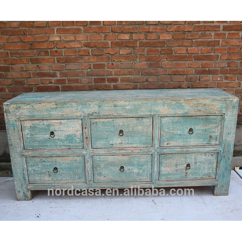 chinese antique reclaimed wood 6 drawers blue sideboard