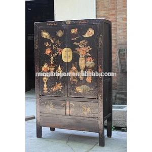 antique wood furniture lacquered black with painting old Wardrobe
