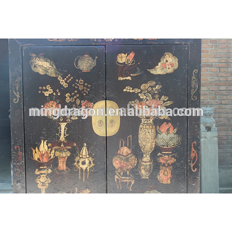antique wood furniture lacquered black with painting old Wardrobe