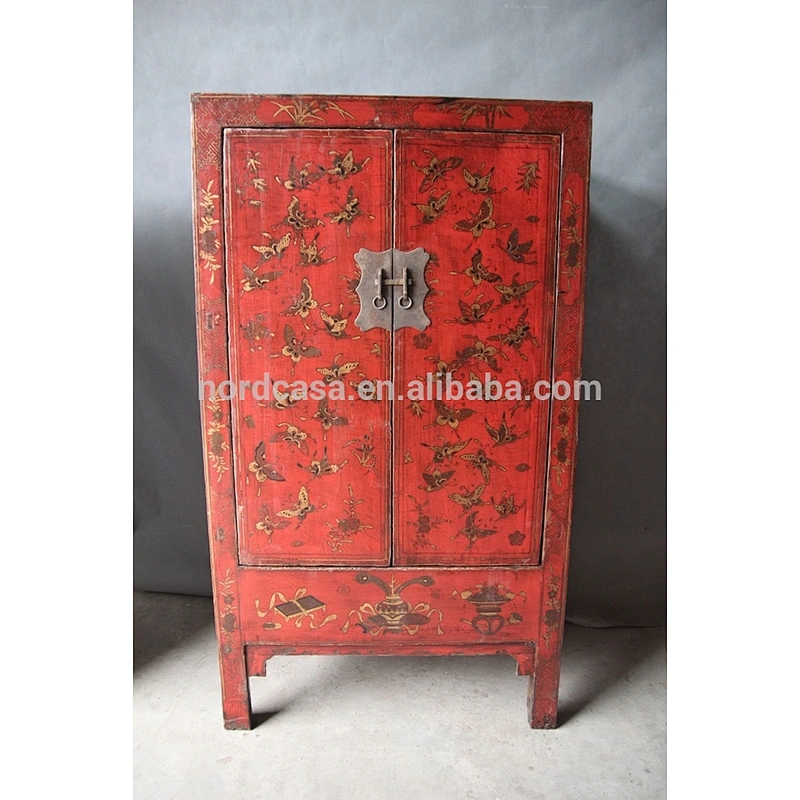 chinese antique two door two drawer red cabinet golden butterfly solid wood weldding antique furniture