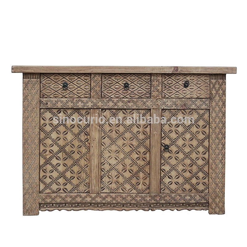 Chinese antique reclaimed solid wood hand carved sideboard buffet