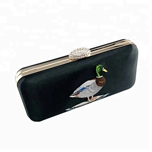 Custom embroidered duck black satin evening bag embroidery clutch bag