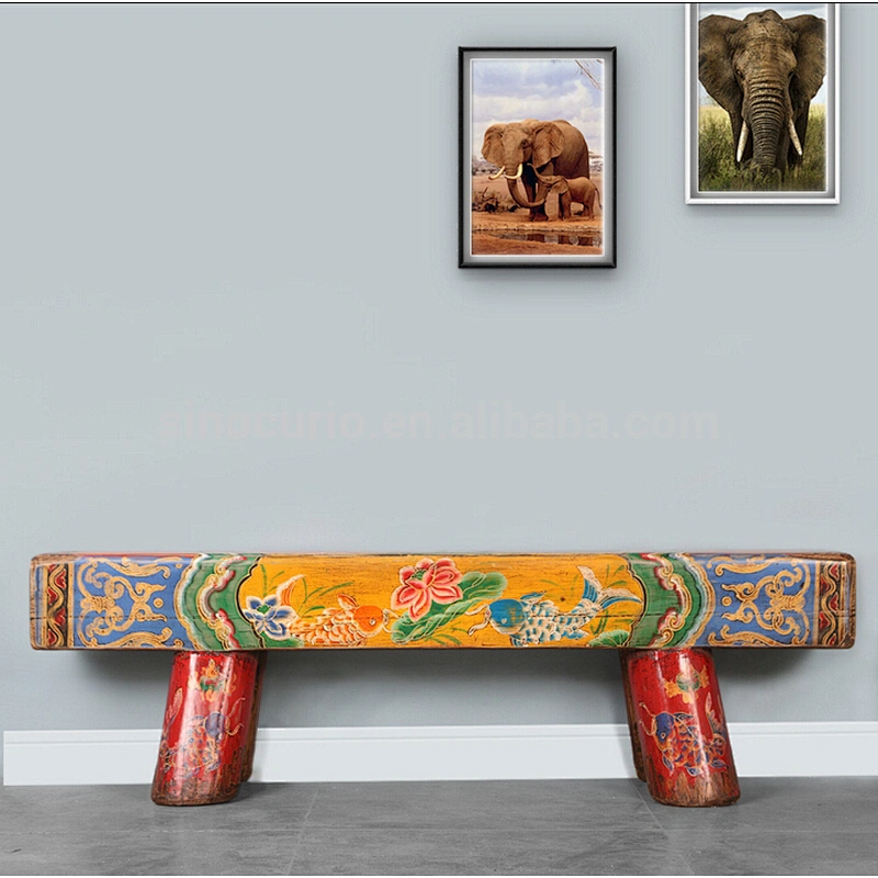 Chinese antique solid wood stool bench hand painting bed end furniture Bench