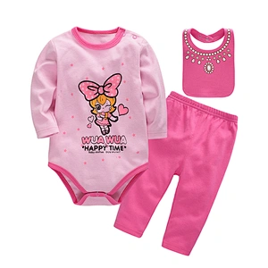 Wholesale Newborn baby Birthday clothing 3 pcs set Girl Romper Long Sleeve girl Bodysuit Pant with bib