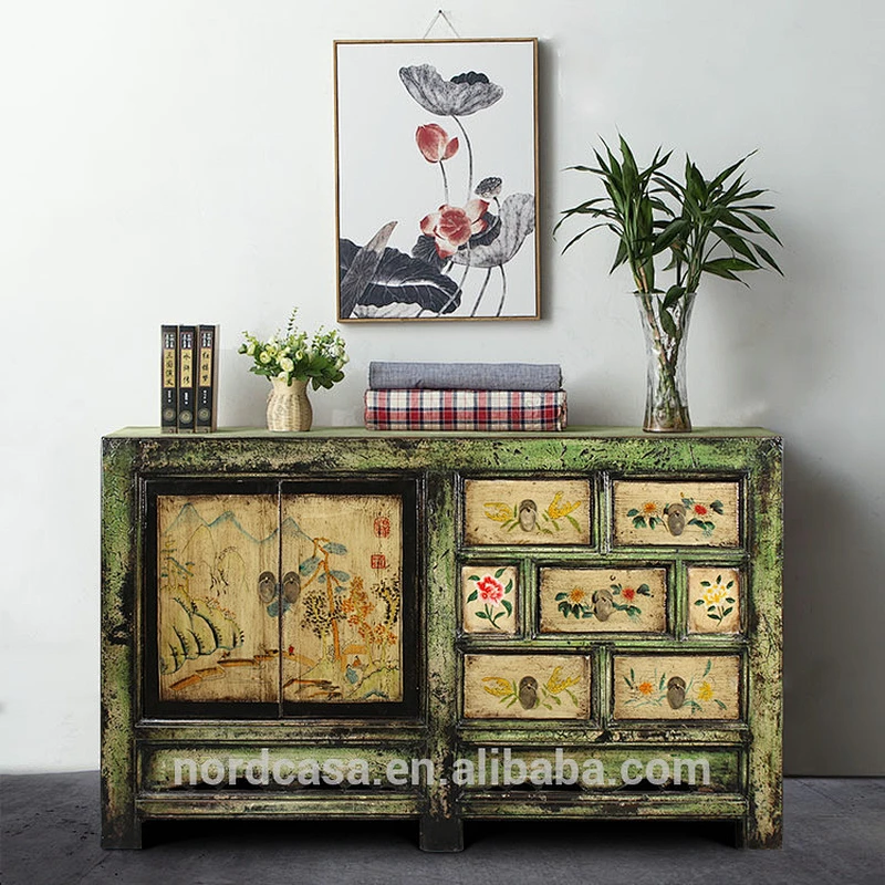factory price reproduction solid wood hand painting chinese antique style furniture cabinet
