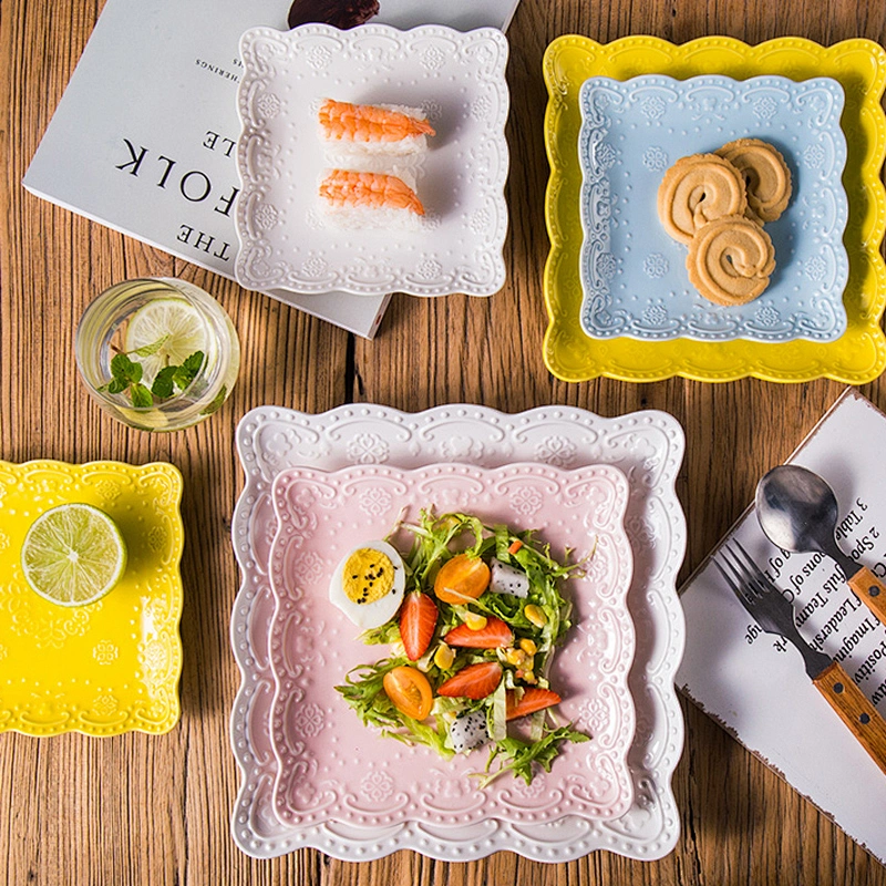 Wholesale Creative Japanese Relief Creative Square Plate Ceramic Disc Bread Dessert Plate Custom Logo Tableware Tray 10 inch