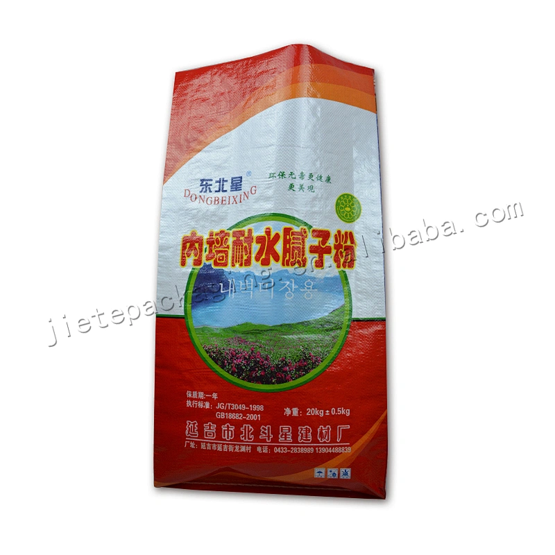 Customized white plastic 20kg bopp laminated pp woven cement bag for wall putty powder,tile adhesive,exterior wall putty bag