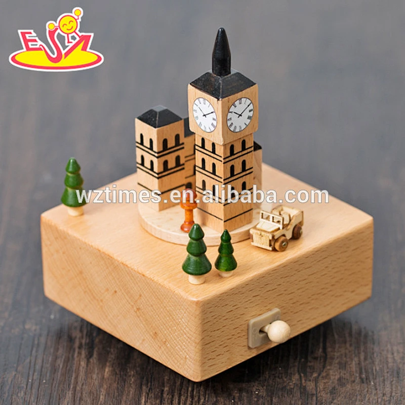wholesale Customized cartoon wooden carousel music box natural color wood carousel music box W07B039