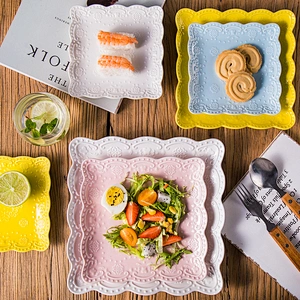 Wholesale Creative Japanese Relief Creative Square Plate Ceramic Disc Bread Dessert Plate Custom Logo Tableware Tray 6 inch